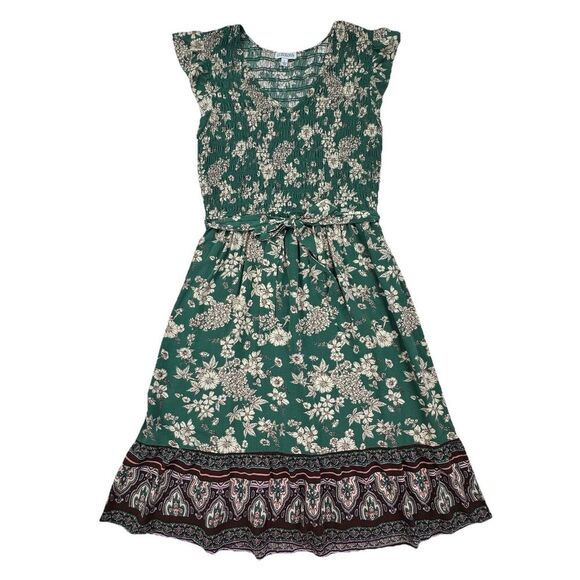 Luxology Green Floral Boho Midi Dress Large Smocked Top Tie Belt - Picture 3 of 9